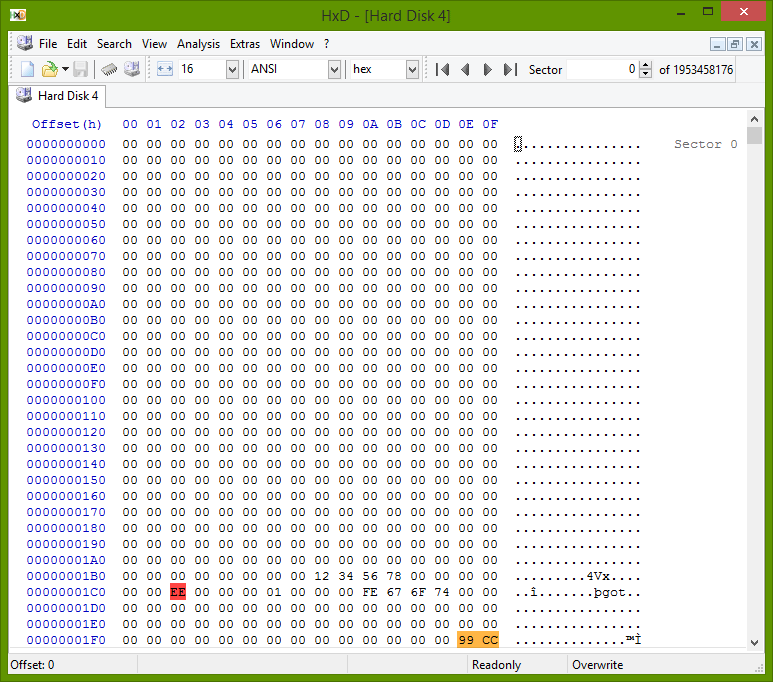 A slice of the disk's sector 0 in a hex editor