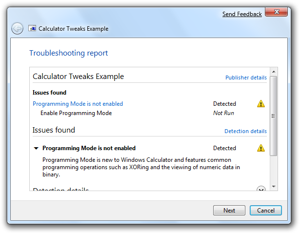 Troubleshooting Pack Wizard, detailed report
