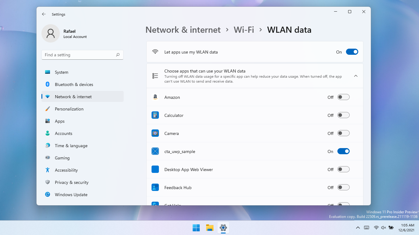 Windows 11 Settings window showing Wi-Fi > WLAN data section